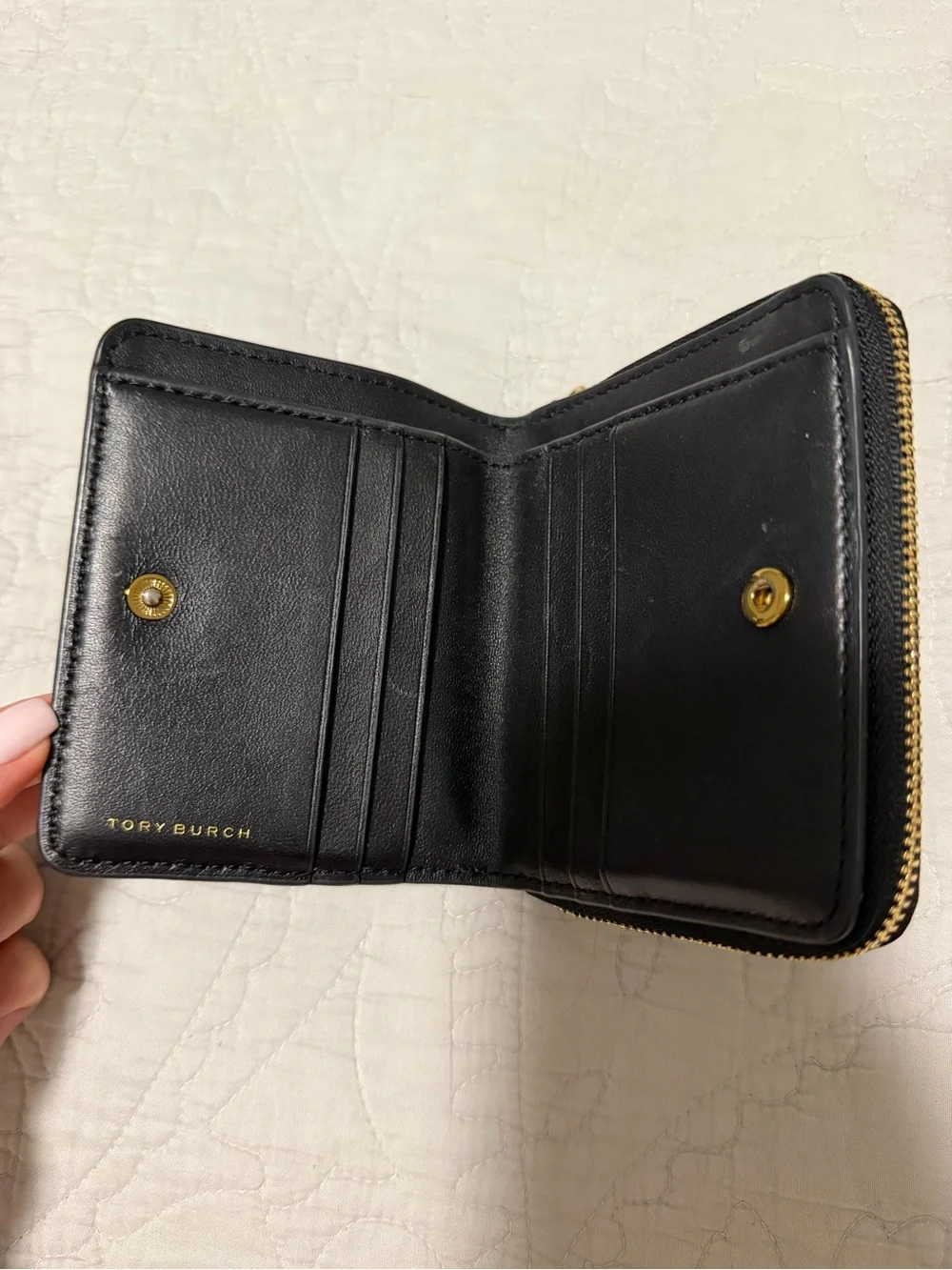 Tory Burch Black Quilted Leather Zip Card Case with Gold Logo